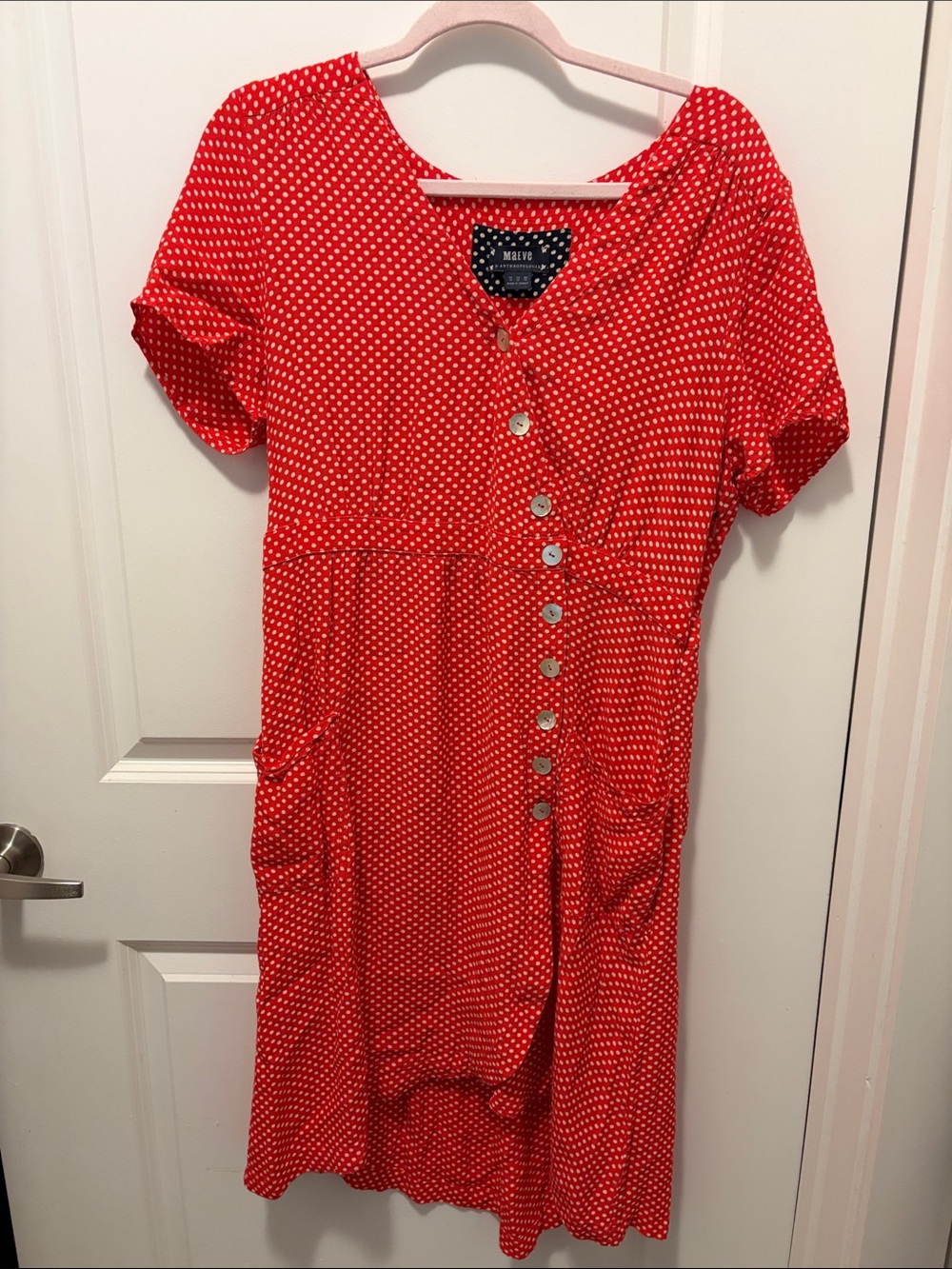 Anthropologie Maeve Red Polka Dot Button-Front Midi Dress -
